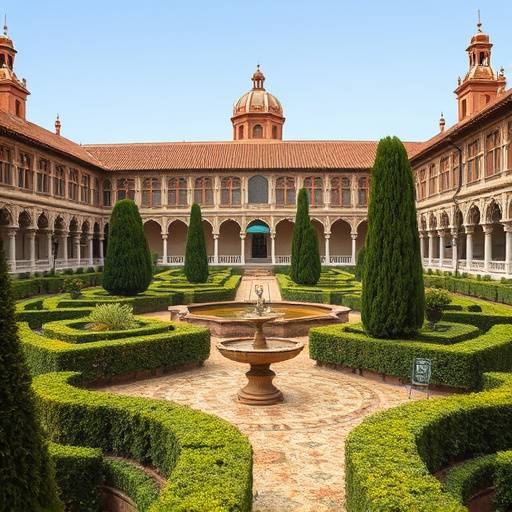 Arquitectura imponente del Real Alc&radic;&deg;zar de Sevilla con patios ajardinados y azulejos detallados.