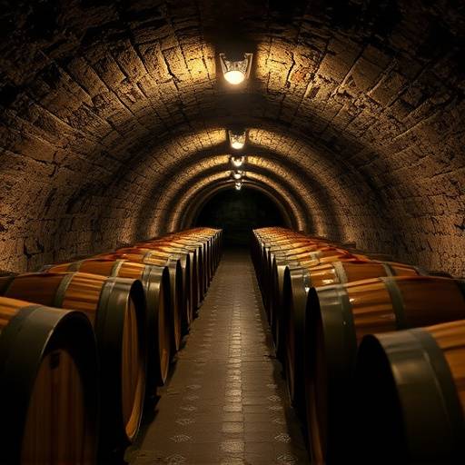 Barricas de vino de roble apiladas en una bodega subterr&aacute;nea en La Rioja, con iluminaci&oacute;n tenue y ambiente antiguo.