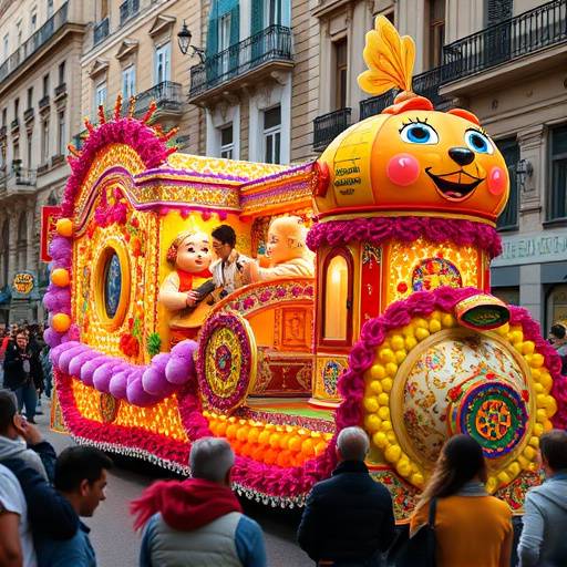 Desfile de carrozas decoradas durante las Fallas de Valencia