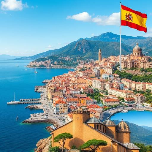 Imagen representando la diversidad de destinos en Espa&ntilde;a: una costa soleada, una ciudad hist&oacute;rica y un paisaje monta&ntilde;oso.