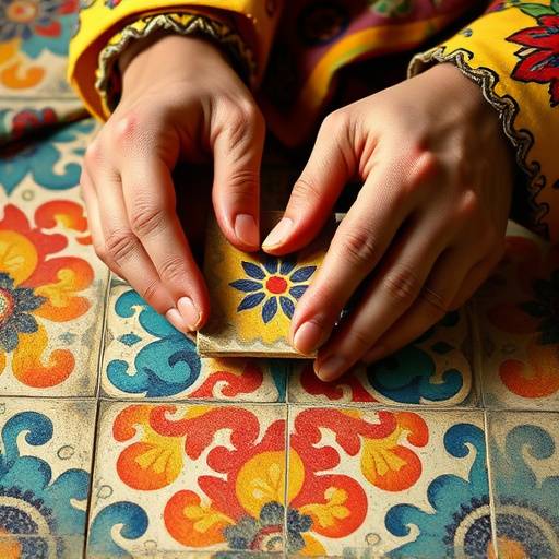 Manos de un artesano creando un intrincado dise&ntilde;o en un azulejo de cer&aacute;mica en un taller andaluz, con colores vibrantes y herramientas tradicionales.