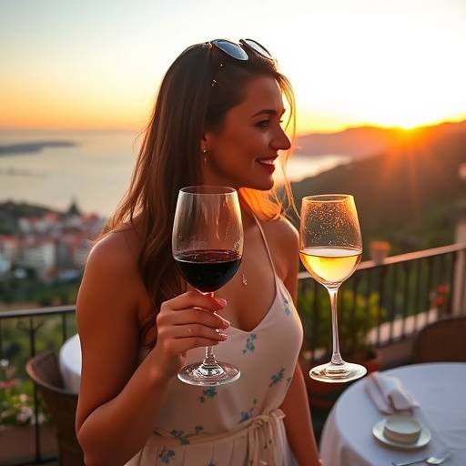 Mujer disfrutando de una copa de vino en una terraza con vistas al mar Mediterr&aacute;neo al atardecer.