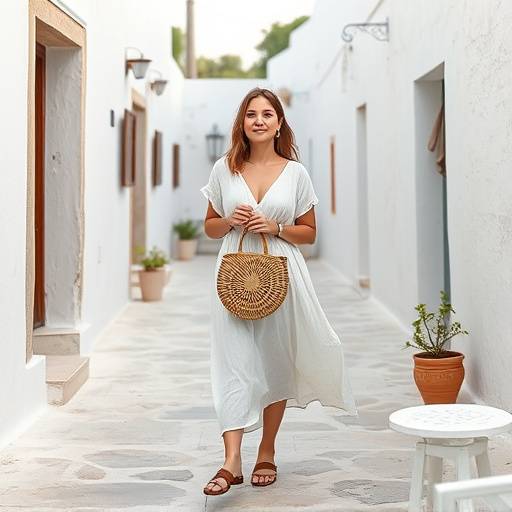 Mujer vistiendo un vestido de lino blanco fluido con sandalias de cuero y un bolso de mimbre, caminando por un pueblo blanco espa&ntilde;ol