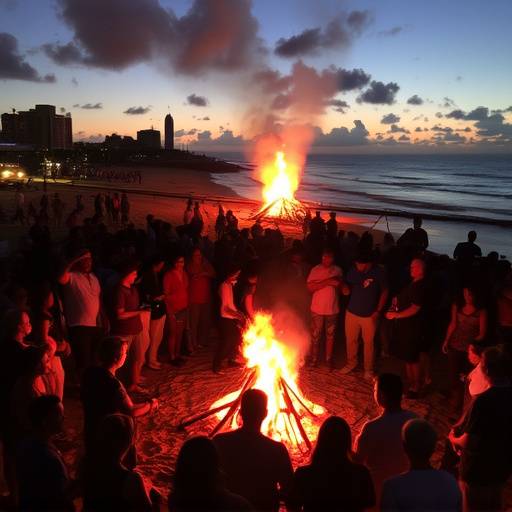Multitud celebrando la Noche de San Juan con hogueras en la playa