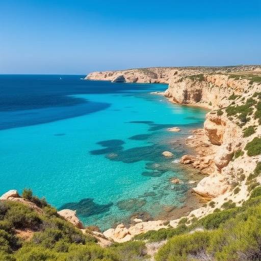 Paisaje de ensue&radic;&plusmn;o en Ibiza con aguas cristalinas y calas escondidas bajo un cielo azul.