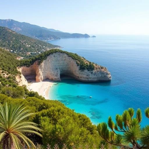 Paisaje de la isla de Mallorca con calas de aguas turquesas y vegetaci&oacute;n exuberante.