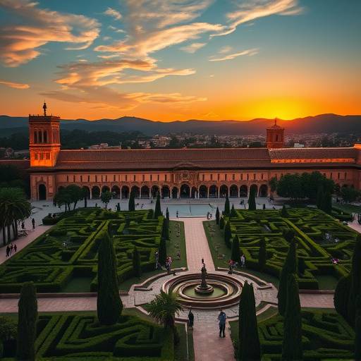 Palacio de la Alhambra en Granada al atardecer, con sus jardines y fuentes.