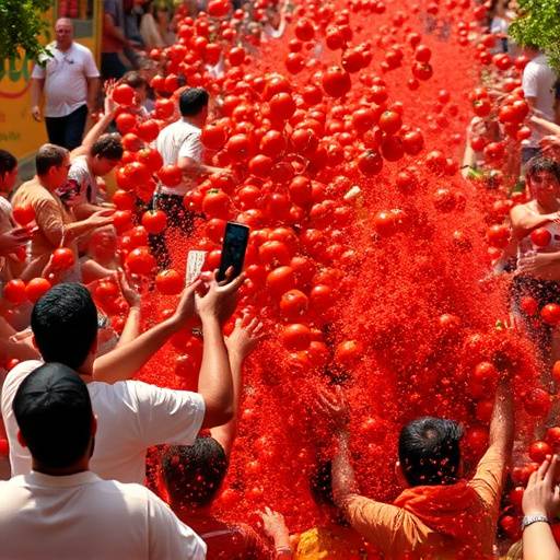 Tomates siendo lanzados durante la Tomatina en Bu&ntilde;ol