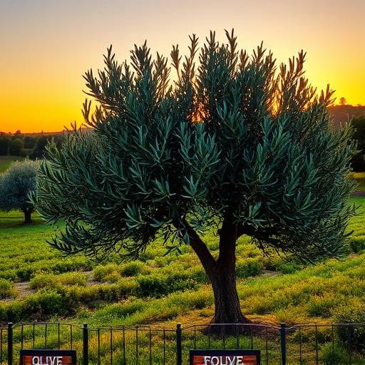 Un olivo en un campo andaluz al atardecer, con un primer plano de aceitunas verdes y doradas.