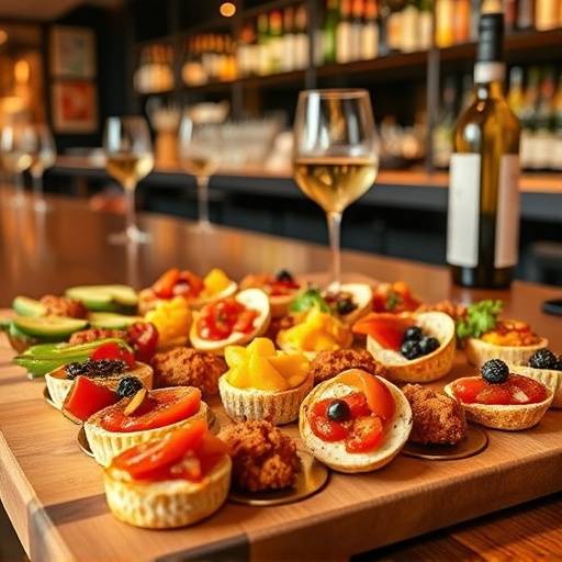Un surtido de pintxos variados y deliciosos presentados en una barra de bar moderna en el Pa&iacute;s Vasco, con copas de vino blanco.