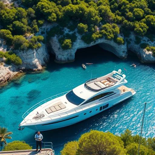 Un yate de lujo navegando en aguas cristalinas de color turquesa cerca de una cala escondida en Mallorca, con vegetaci&oacute;n verde.