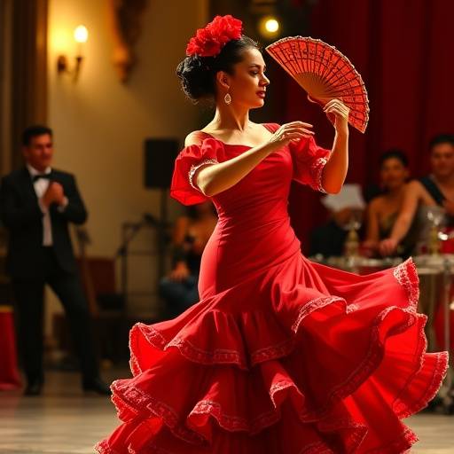 Una bailaora de flamenco con un vestido rojo vibrante y abanico en movimiento, actuando con pasi&oacute;n en un tablao andaluz.
