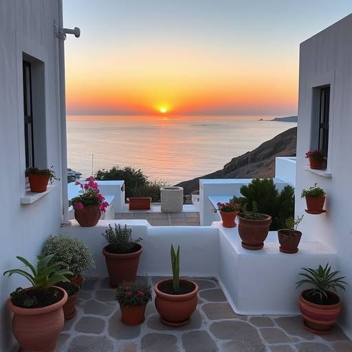 Una terraza acogedora en un pueblo blanco de Andaluc&radic;&ne;a, con macetas de flores y vistas al mar al atardecer.