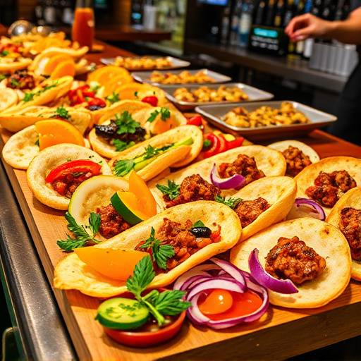 Variedad de tapas coloridas y apetitosas en una barra de bar espa&ntilde;ola.